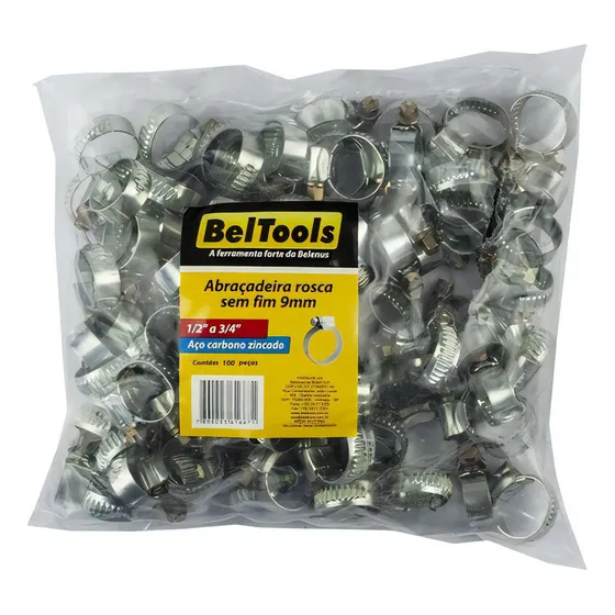 100 Abraçadeira 9mm Rosca Sem Fim 1/2 A 3/4 Beltools Cor Prata