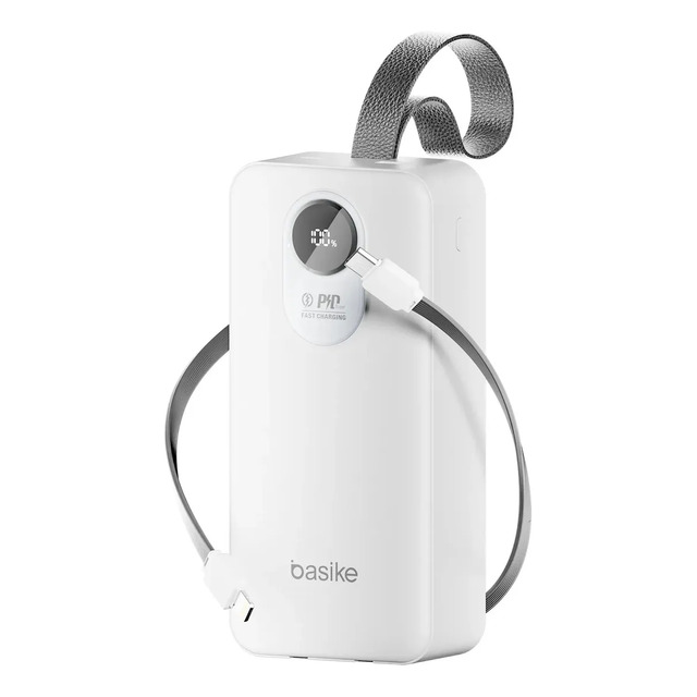 Power Bank Basike branco de 30000mAh com display digital e cabos de carregamento integrados