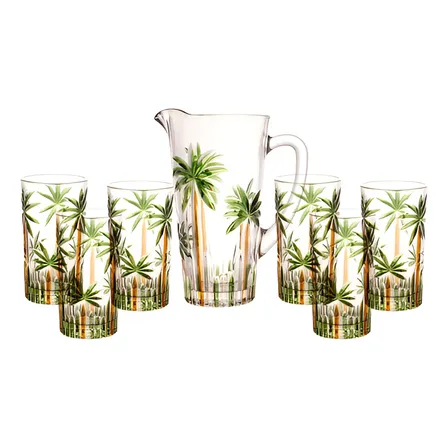 Conjunto Jarra Com 6 Copos Cristal Palm Tree Handpaint Wolff