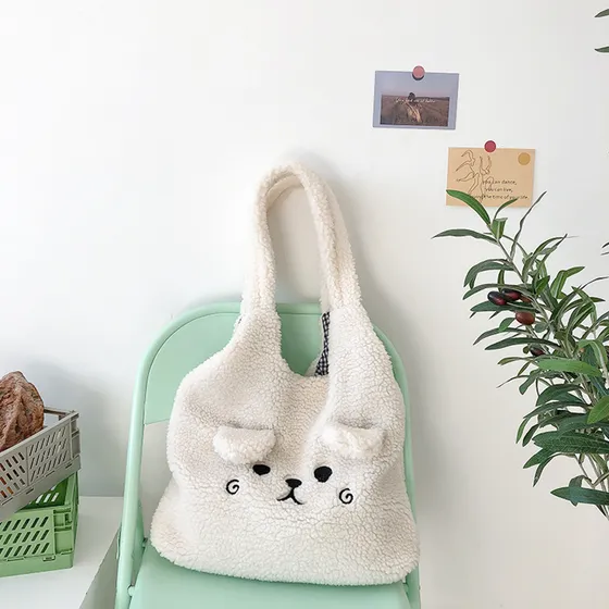 Bolsa De Compras Bordada De Felpa De Gran Capacidad De Lana 