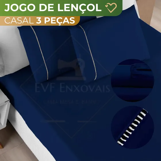 Jogo De Lençol 3 Peças Cama De Casal 400 Fios Ponto Palito Super Macia Linha Premium - Azul Marinho