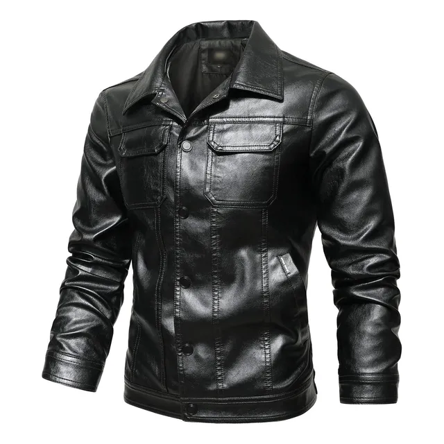 Chaqueta Motociclista Solapa Boton Para Hombre Invierno Piel