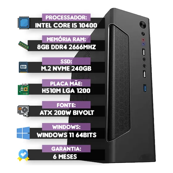 Pc Computador Micro Cpu Intel I5, Nvme 250gb,8 Gb Ram, Slim