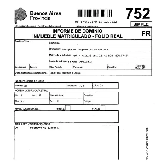 Informe Dominio Inmueble Provincia De Buenos Aires Simple