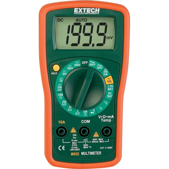 Multímetro digital con puntas de pruebas para electrica y automotriz 600v 10A Extech Mn35