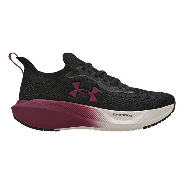 Tênis feminino Under Armour Charged Slight 3 SE na cor preta com detalhes em vinho na entressola e logomarca lateral