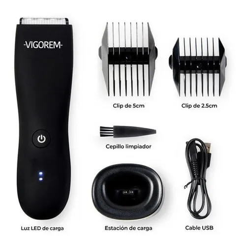 Rasuradora Eléctrica Vigorem Pro para Hombre Zonas Íntimas Cuerpo y Barba Impermeable IPX6 Cuchillas Cerámicas Anticorte Diseño Ergonómico y Batería Duradera Con Base Cargadora