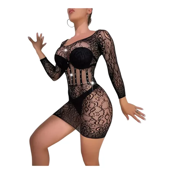 Vestido De Malla Con Diamantes De Imitación Man Larga
