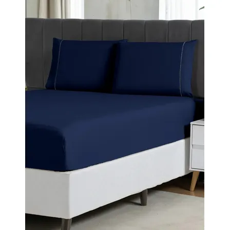 Jogo Lençol Casal 3pç 400 Fios Hipercal Conforto Macio Cor Azul-marinho Desenho Do Tecido Liso