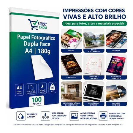 Papel Fotográfico A4 Glossy 180g Dupla Face 100 Folhas Brilhante Para Impressão Frente E Verso