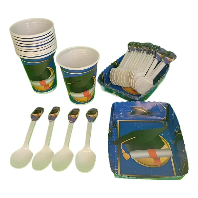 Kit Vasos+platos+cubiertos Azul Graduacion 12invitados Grado