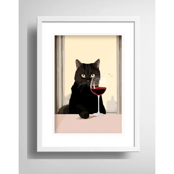Cuadro Gato Tomando Vino Cocina Arte Decoracion Con Paspartú Marco Blanco