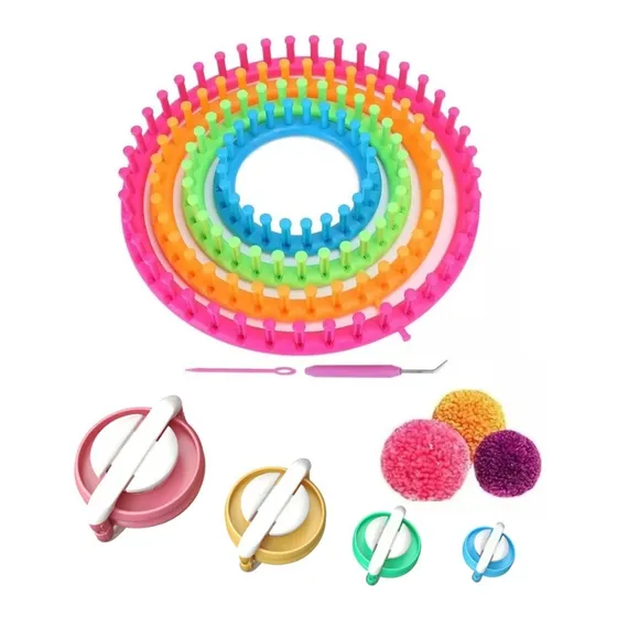 Set 4 Telares Circulares Con Aguja Y Ganchillo + Pomponeras