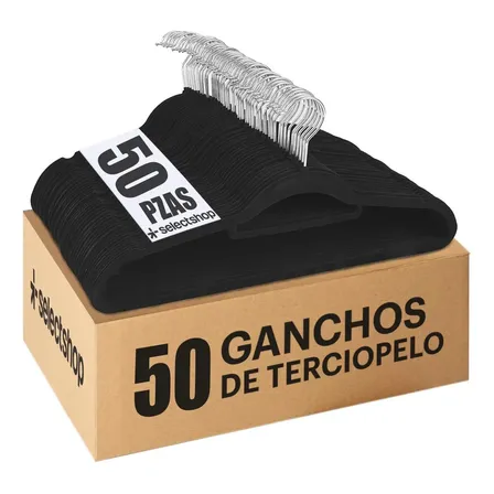 Set 50 Ganchos Hg16c1 Ligero Resistentes Perchas De Terciopelo Antideslizantes Color Negro Selectshop
