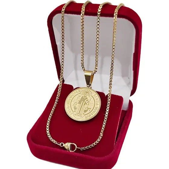 Medalha São Bento Duplaface Corrente Veneziana 2mm Aço Inox