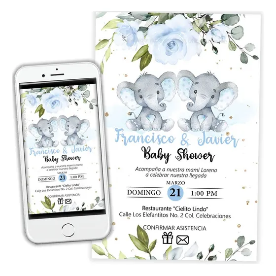 Invitacion Baby Shower Gemelos Digital Personalizada