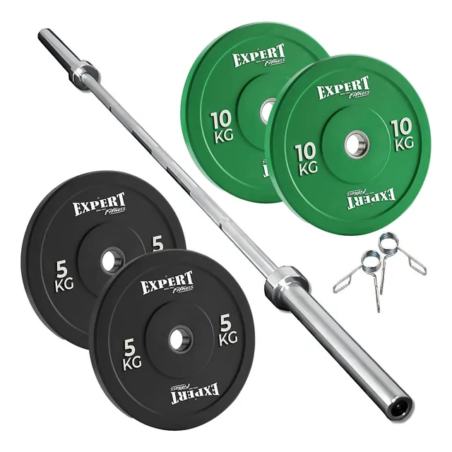 Barra Olímpica Maciza 2.20m +30kg Discos Pesas Expert El Rey