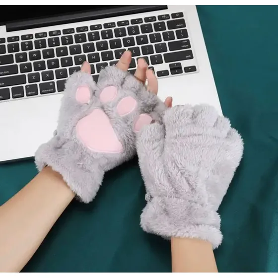 Guantes Neko/gato, Felpa , Sin Dedos Gris