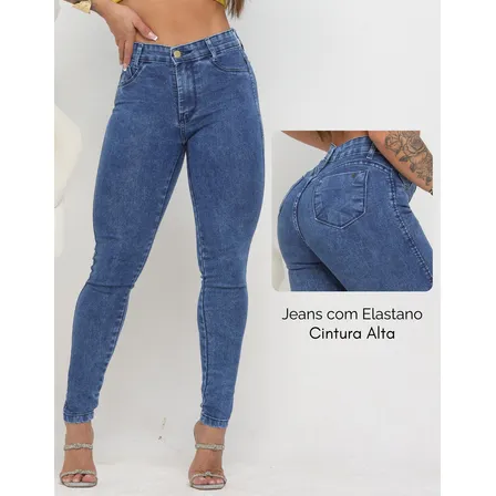 Calça Jeans Feminina Cós Alto Empina Com Elastano Justa Marmorizada Jeans 40