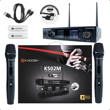 Microfone Kadosh K502m Pilha Recarregável Uhf Duplo Sem Fio