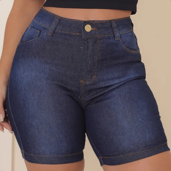 Short Jeans Feminino Cintura Alta Com Lycra Meia Coxa Promoç