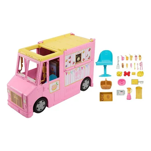 Camión de limonada Barbie Beach, más de 20 piezas, Mattel HPL71, color rosa y amarillo