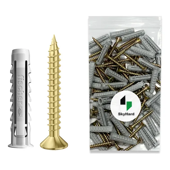 Tarugo Fischer Espiga Sx 6 Para Ladrillo Hueco + Tornillo Fix 4,5x35mm | Combo Fijaciones de Uso Domestico Y Profesional | Bolsa Skyhard Por 100 Unidades