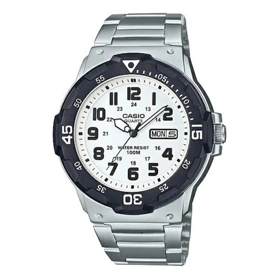 Reloj pulsera Casio Mrw-200h-1b con correa de acero inoxidable color plateado - fondo blanco - bisel negro