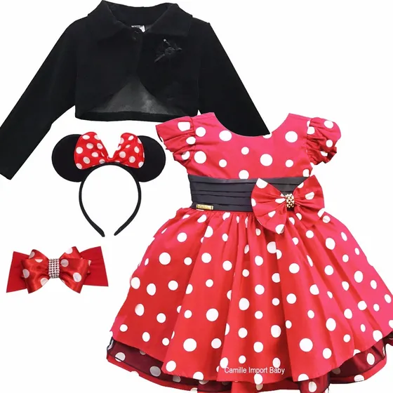 Vestido Infantil De Festa Minnie Vermelha Com 2 Tiara Bolero