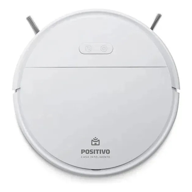 Robô aspirador Positivo Casa Inteligente na cor branca com design circular e botões de controle na parte superior