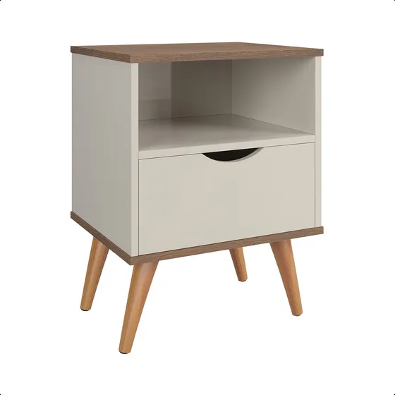 Mesa De Cabeceira Estilo Retrô Pés Em Madeira Maciça Grécia Cor Off White/canela