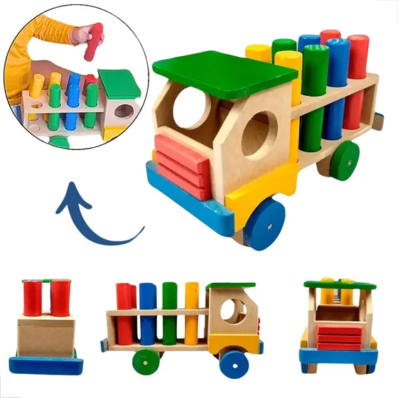 Caminhão Com Pinos Madeira Brinquedo Educativo De Encaixe