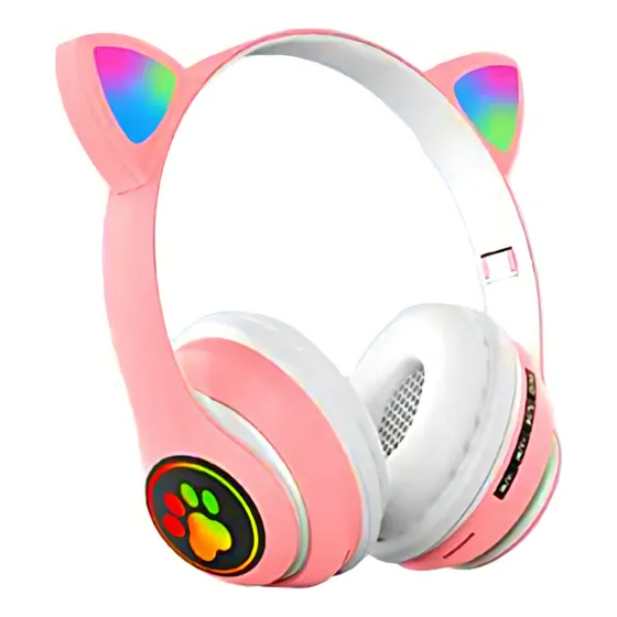 Fone De Ouvido Gatinho Bluetooth Led Infantil Cor Rosa