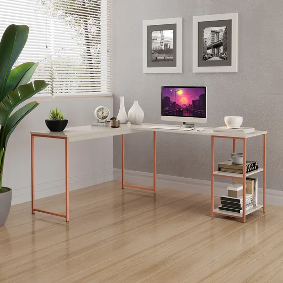 Mesa Escrivaninha Estilo Industrial Em L Com Prateleiras - Klm Store - Bronze/off White