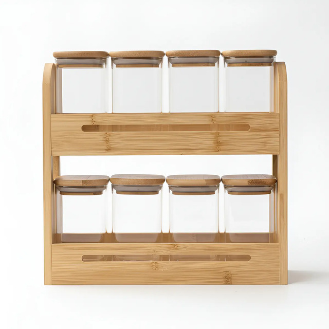 Jogo 8 Potes De Vidro Para Temperos Com Suporte De Bambu Palha Jogo 8 Potes De Vidro Para Temperos Com Suporte De Bambu Palha