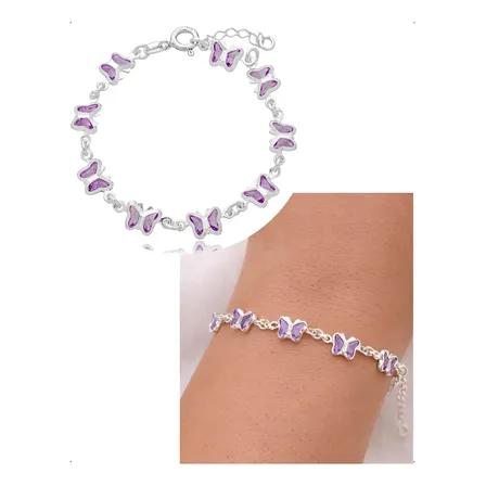 Pulseira Infantil Prata 925 Borboletas Pedras Roxa Lilás Kit Prateado 14 Cm