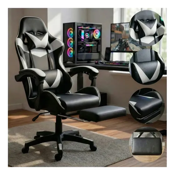 Cadeira de escritório Gamer ergonômica Reclinável Com Apoio dos Pés Branco Led Tools com estofado de couro sintético