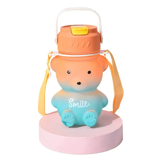 Botella Cantimplora Infantil Con Tapa Forma De Osito Color Naranja Y Verde