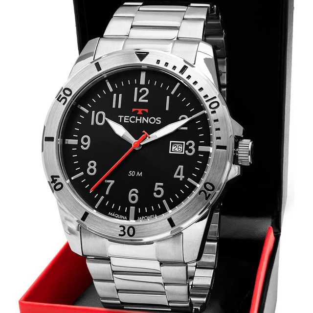 Relógio Masculino Technos Militar Aço Inoxidável 50m 2115nbq/1p Prateado Preto Relógio Masculino Technos Militar Aço Inoxidável 50m 2115nbq/1p Prateado Preto