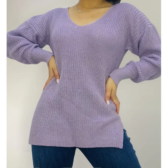 Blusón Cuello V Tejido En Lana Para Dama. Mangas Anchas