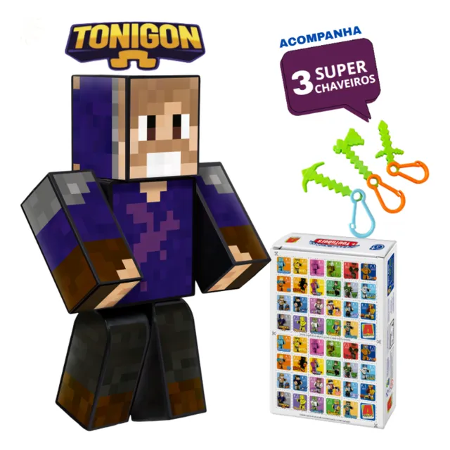 Kit Boneco Tonigon 25cm+3 Chaveiros Minecraft +jogo Memoria