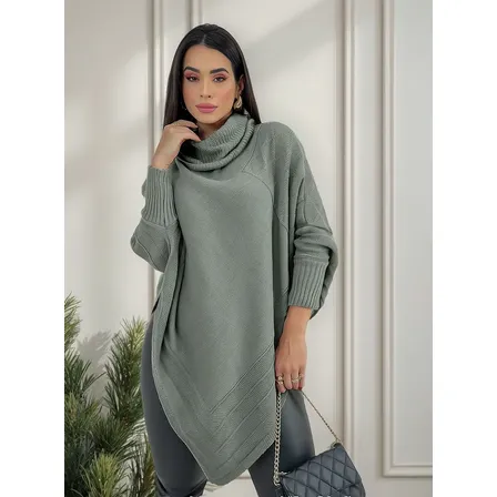 Blusa Poncho Tricot Assimétrico Alongado Manga Longa Suéter Cinza Único