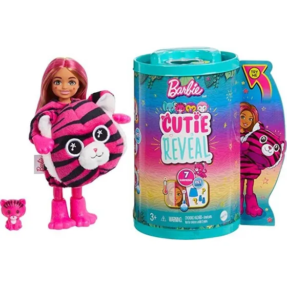 Barbie Muñecas Pequeñas Y Accesorios, Muñeca Chelsea Cutie Reveal Con Disfraz De Peluche De Tigre Y 7 Sorpresas, Incluyendo Cambio De Color, Serie Jungle