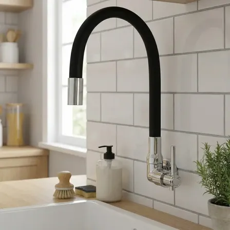 Torneira Flexível De Parede Para Cozinha Preta Acabamento Cromado Via Flix Giro 360 Graus Instalação Fácil Resistente Alta Durabilidade Fc-01 Via Flix Preto Brilhante