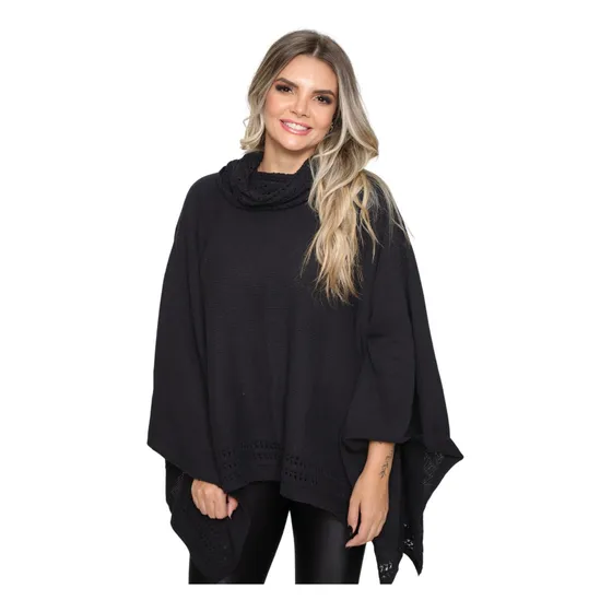 Casaco Feminino Poncho Tricot Gola Alta Botão Capa Feminina