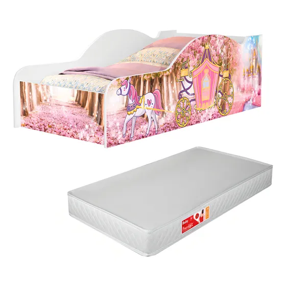 Cama Carro Infantil Meninas Carruagem Princesas Quarto Criança Castelo Cor Rosa Com Colchão Neloja
