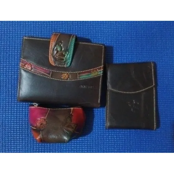 Monedero Damas Floreado En Cuero Nuevo 3 Piezas