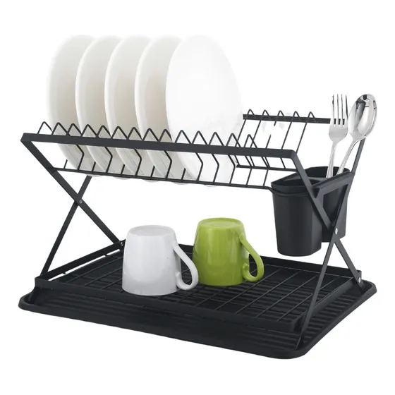 Secaplatos escurridor Jazak 2 niveles plegable con cubiertero acero inoxidable color negro