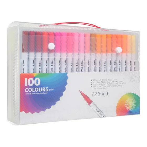 Caneta Brush Pen Ponta Dupla 100 Cores Estojo Para Desenh