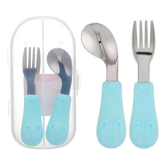 Set De Cubiertos Niño Niña Bebe Cuchara Tenedor Con Estuche Color Azul